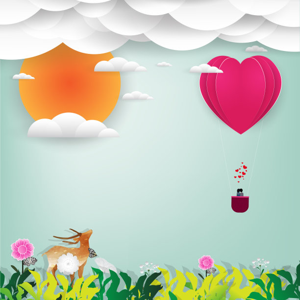 红色和粉色心形纸与情人在蓝天的背景与爱的信息设计，情人节，矢量插图图片下载