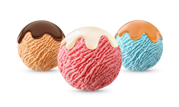 混合草莓，蓝精灵，桃子冰淇淋勺与酱汁图片下载