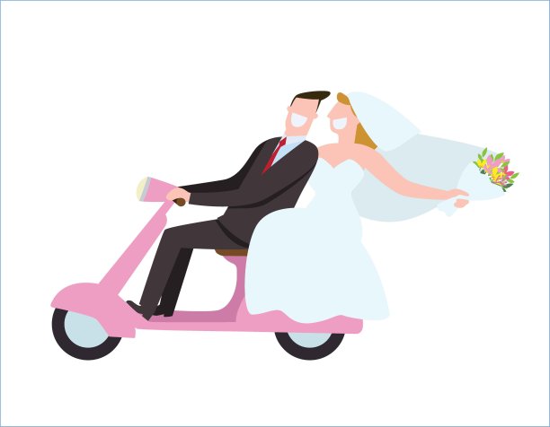 新郎和新娘性格的婚礼邀请卡模板现代设计平面图标的婚姻。结合概念矢量插图。孤立在白色背景上。图片下载