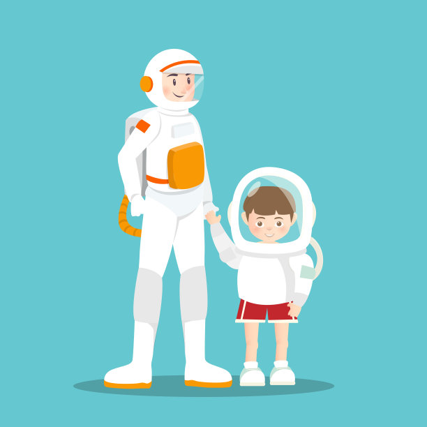 宇航员在天蓝色的背景下牵着孩子的手。图片下载
