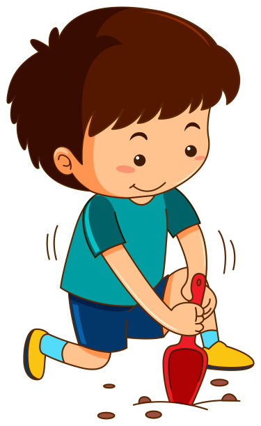 小男孩用花园勺子挖洞图片下载