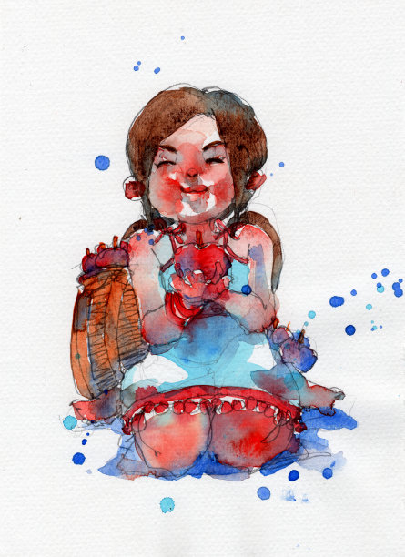 水彩画插图的女孩在白色苗族服装，手绘在纸上素材图片