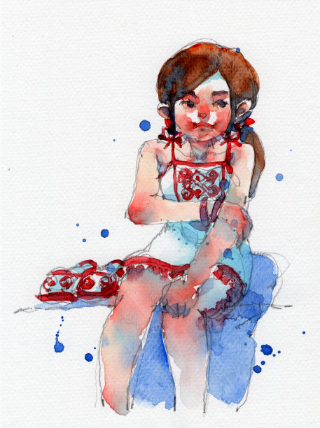 水彩画插图的女孩在白色苗族服装，手绘在纸上素材图片