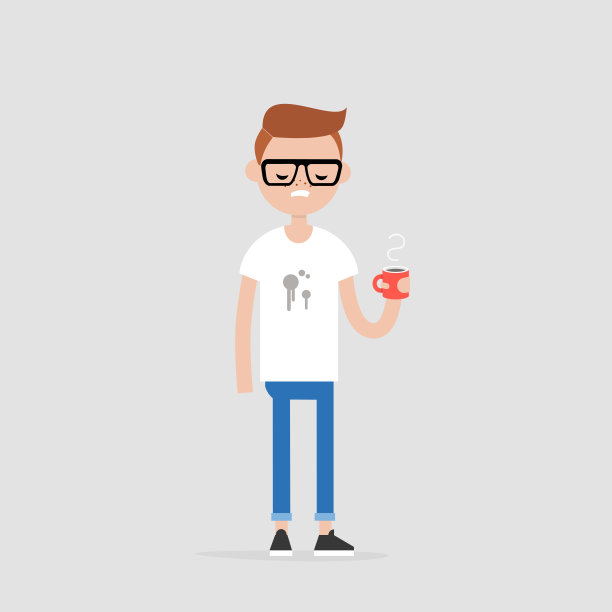 洒了咖啡。一个讨厌的年轻人，穿着一件脏兮兮的t恤。的概念。麻烦。平面可编辑矢量插图，剪辑艺术图片下载