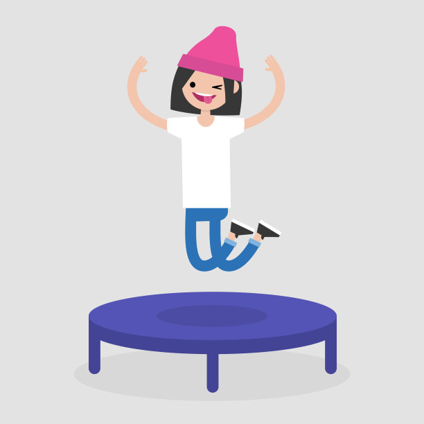 活泼的年轻女性在蹦床上蹦蹦跳跳。积极的休闲活动。平面可编辑矢量插图，剪辑艺术图片下载