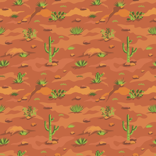 西部沙漠景观无缝图案+仙人掌、草本、沙丘、石头图片下载