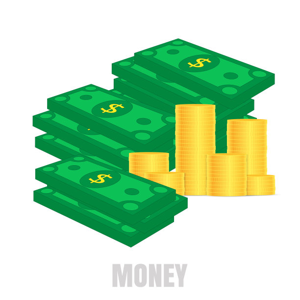 成堆的纸币和金币。绿色的美元。财务健康的概念。矢量图图片下载