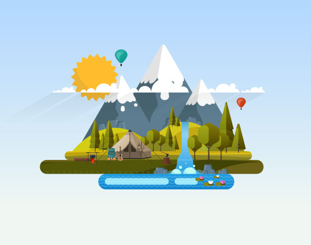 带野外营地的矢量抽象平面设计景观。图片下载