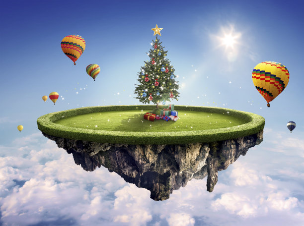 浮岛、圣诞树和热气球的梦幻美景图片下载