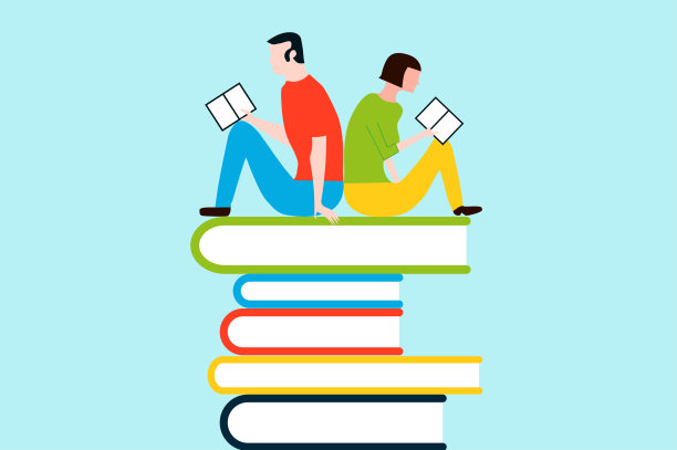 快乐的人阅读的书塔-矢量彩色插图孤立的背景图片下载