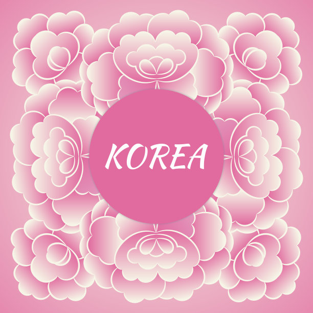 韩国旅游旗帜向量。粉红色花卉设计与传统牡丹花图案框架纪念明信片，韩国旅游海报或标签贴纸印刷。图片下载