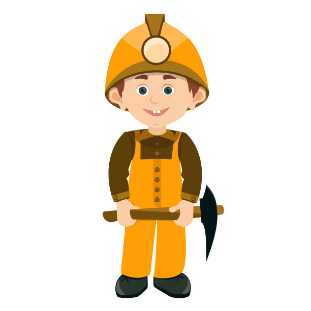 微笑的卡通男孩在橙色制服矿山工作与斧头在他的手图片下载