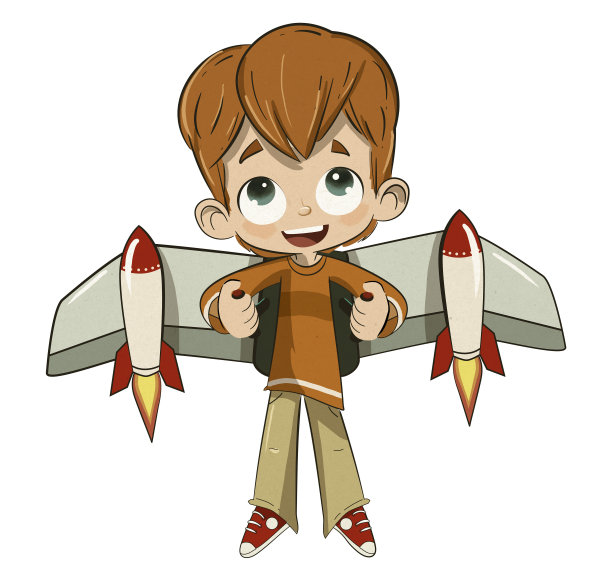 孩子用翅膀和螺旋桨穿过云层图片下载