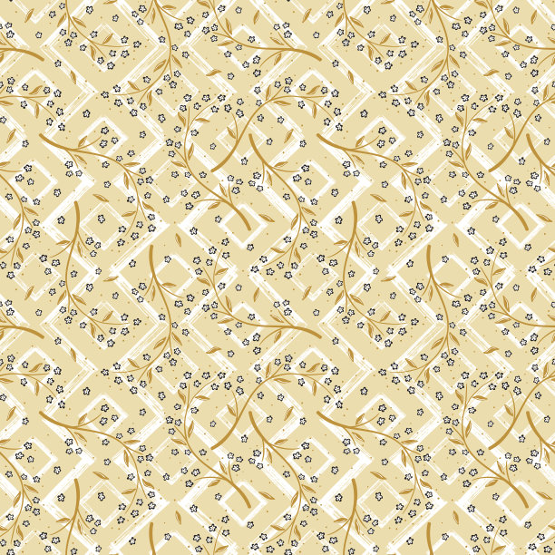 正方形和之字形油漆笔触与花卉无缝模式。向量抽象Grunge彩色背景与樱花枝。樱花。米色的花卉壁纸素材图片