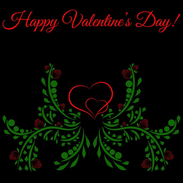 情人节快乐!两颗被玫瑰环绕的心。黑暗的背景。向量图片下载