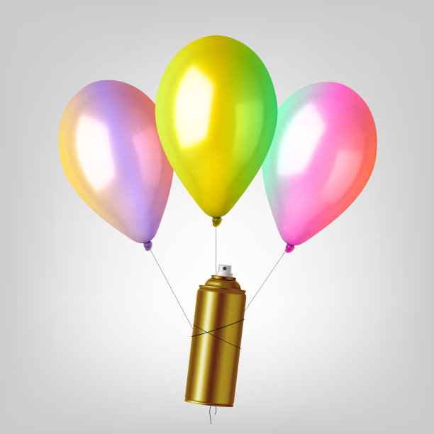 3d逼真的彩色气球集。假日插图飞行光滑的气球与喷雾罐。图片下载