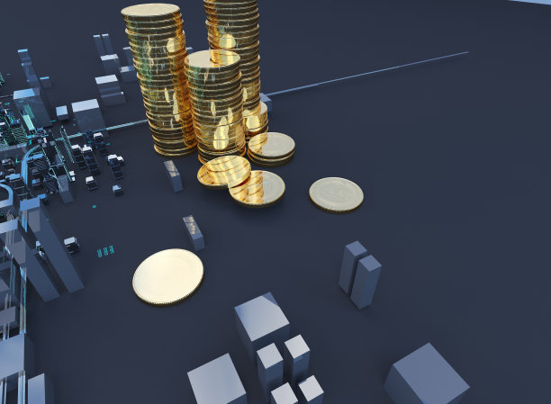 比特币符号从滨水区的现代城市崛起的3D插图图片下载