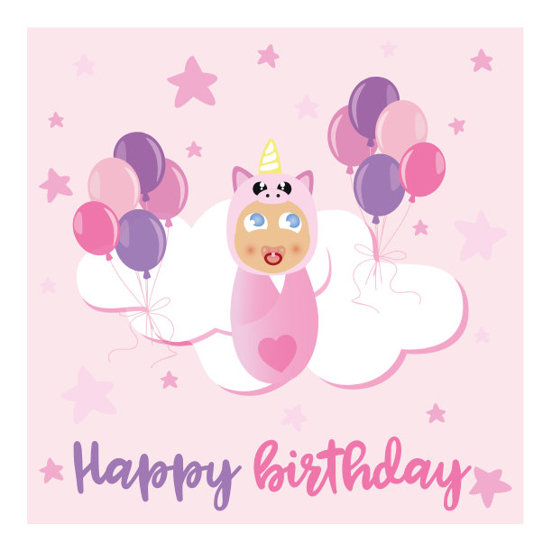 贺卡设计-粉色独角兽宝宝。图片下载