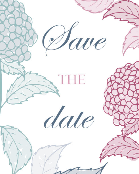 带着淡粉色和蓝色绣球的贺卡。保存日期。图片下载