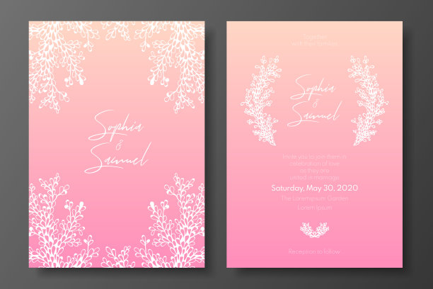 精致的婚礼邀请模板。粉红色的设计与抽象的白色植物。一个豪华的模板保存日期，婚礼邀请，贺卡，明信片。图片下载