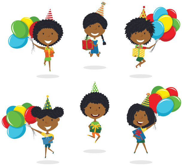 跳来跳去的非洲裔美国男孩拿着彩色包装的礼盒和鲜艳的气球。图片下载