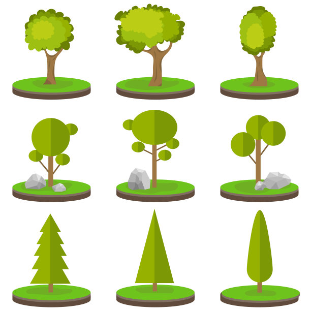 一片土地上的树木。一组树木和石头在绿色草地上。图片下载