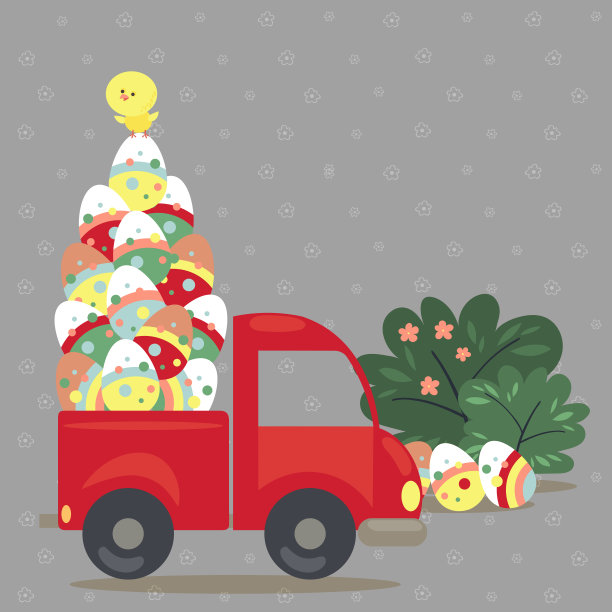 复活节兔子开着装满装饰彩蛋的卡车，欢乐节日矢量贺卡，春天绿灌木和汽车孤立的插图图片下载