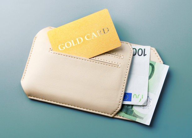 信用卡金卡和货币欧元钱包。图片下载