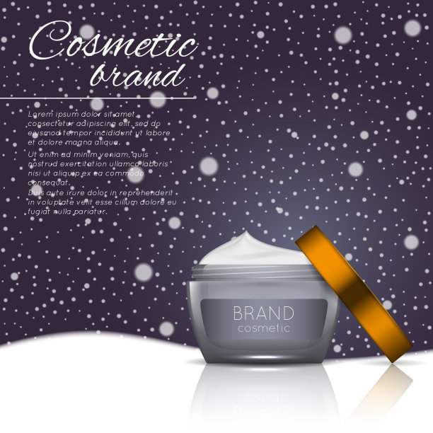 矢量3D化妆插图在一个冬天下雪的背景。美丽逼真的化妆品产品设计模板。图片下载