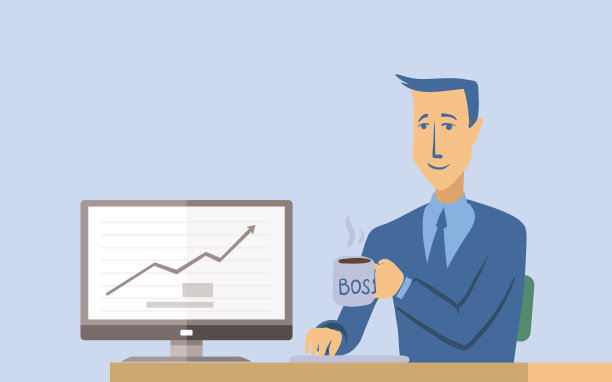 一个年轻的商人或办公室职员坐在桌子前对着电脑工作。人物插图，孤立在白色背景上。图片下载