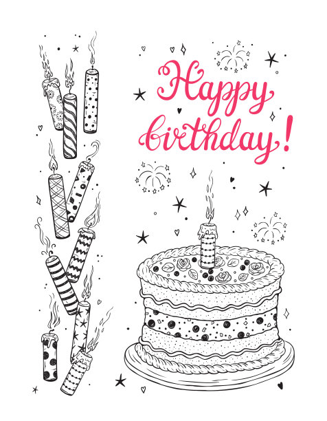 生日贺卡模板。手绘涂鸦燃烧图案蜡烛，生日蛋糕与奶油和浆果，书法字母。矢量图图片下载