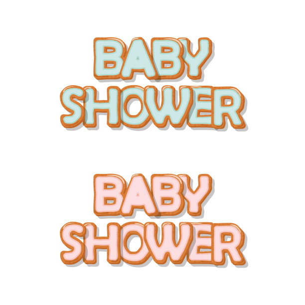 宝宝沐浴甜蜜手绘字母。为男孩和女孩准备的蓝色和粉红色奶油饼干。孤立在白色的。图片下载