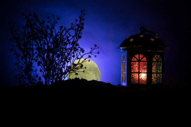 情人节装饰概念。浪漫的场景。大灯笼作为情人的房子，在夜晚装饰背景上升的月亮。有选择性的重点图片下载