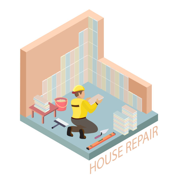 等距室内修理概念。瓦勒正在绑彩色瓷砖图片下载