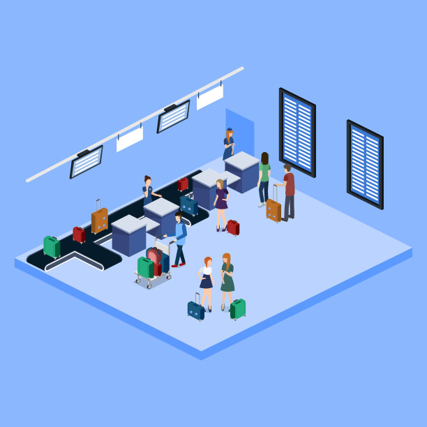 三维等距矢量图的人在机场与行李和等待飞机图片下载