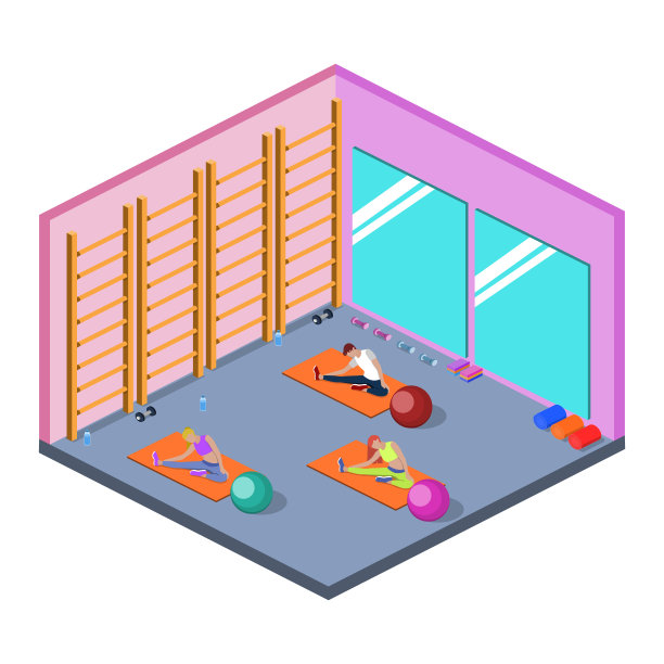 瑜伽课和普拉提课上，人们都在做运动等距三维矢量插图图片下载