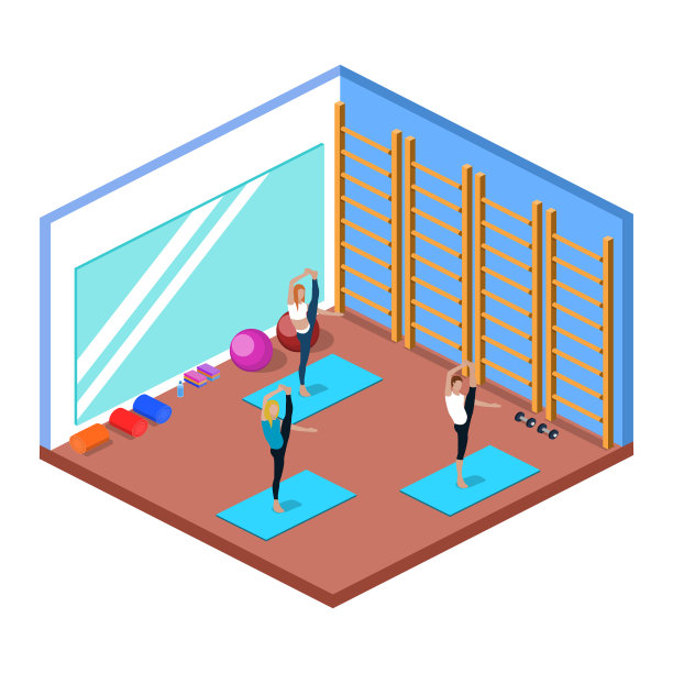 瑜伽课和普拉提课上，人们都在做运动等距三维矢量插图图片下载