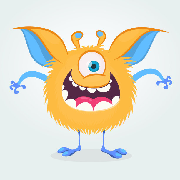可爱的卡通怪兽一只眼睛。咧着嘴笑的怪物情绪。万圣节的矢量图图片下载