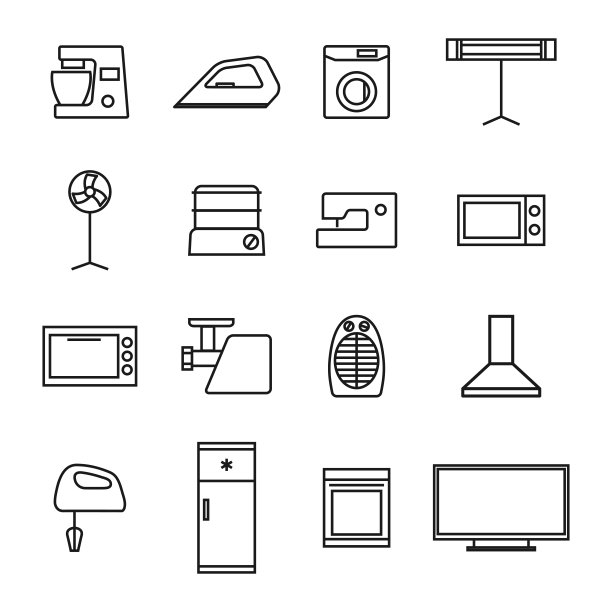 家用电器图标从细线，矢量插图。图片下载