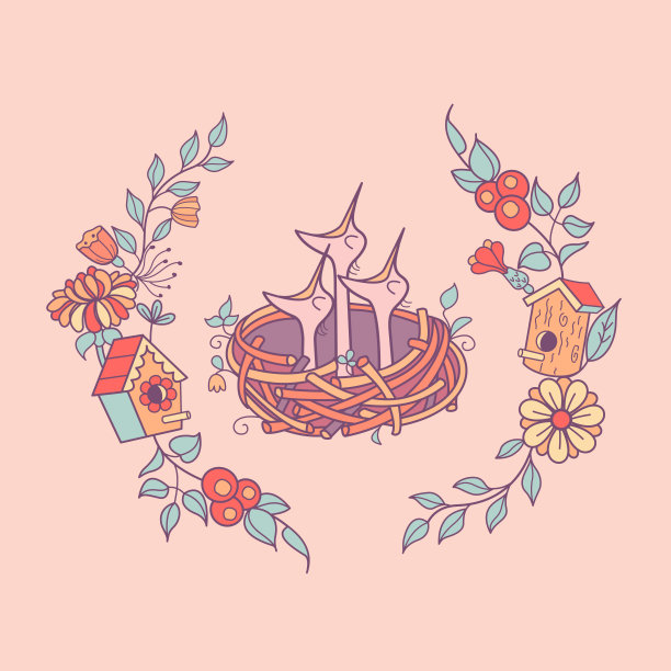 鸟的巢穴。花和鸟。矢量插图。图片下载