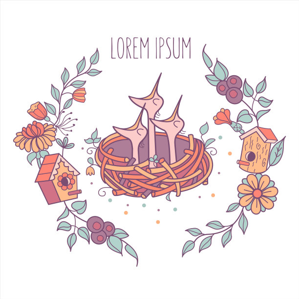鸟的巢穴。花和鸟。矢量插图。图片下载