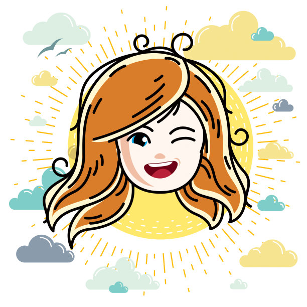 漂亮的红头发的快乐女孩脸的矢量插图，正面的面部特征，剪贴画。少年眨眼。图片下载