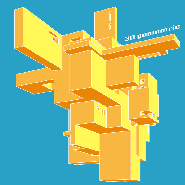 抽象的建筑三维构成。矢量彩色图形。几何立体形状。黄色、橙色对象。蓝色背景。图片下载