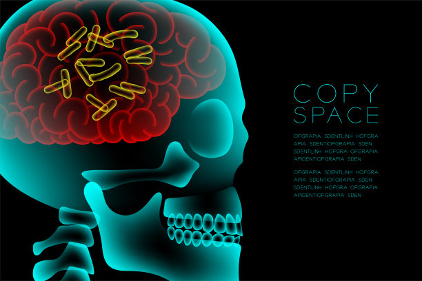 颅骨x射线与显微镜疾病细胞在大脑的概念设计，侧视图插图孤立辉光在黑暗的背景，与复制空间图片下载