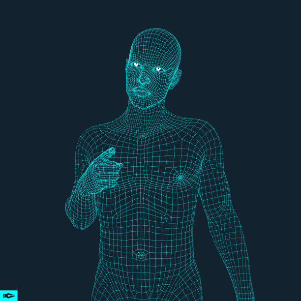 男人指着前方，人体3D模型，几何设计矢量插画，3D多边形皮肤覆盖，人体线框模型图片下载