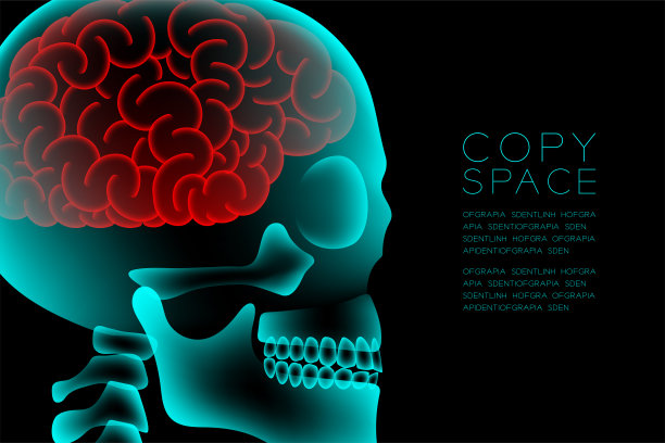 颅骨x射线与显微镜疾病细胞在大脑的概念设计，侧视图插图孤立辉光在黑暗的背景，与复制空间图片下载