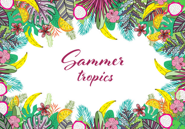 热带奇异植物的叶和花的夏季组成。婚礼邀请或卡片设计与异国情调的热带鲜花和树叶图片下载