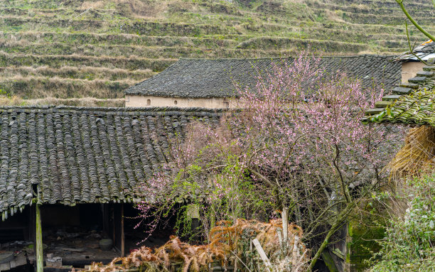 中国传统的瓦房、木房和石头房，村庄里破败的房屋。图片下载