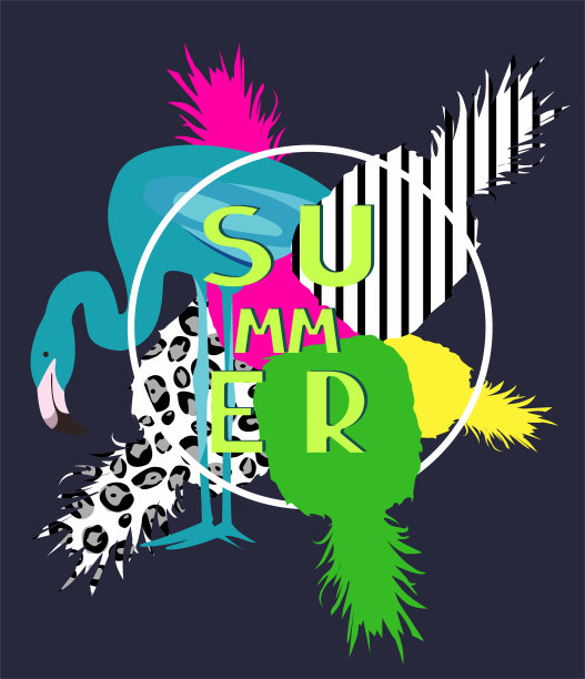 用菠萝和火烈鸟作的夏季作品。矢量图图片下载