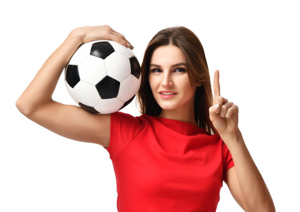 身着红色制服的女球迷手持足球庆祝点一指向上自由文本复制空间图片下载